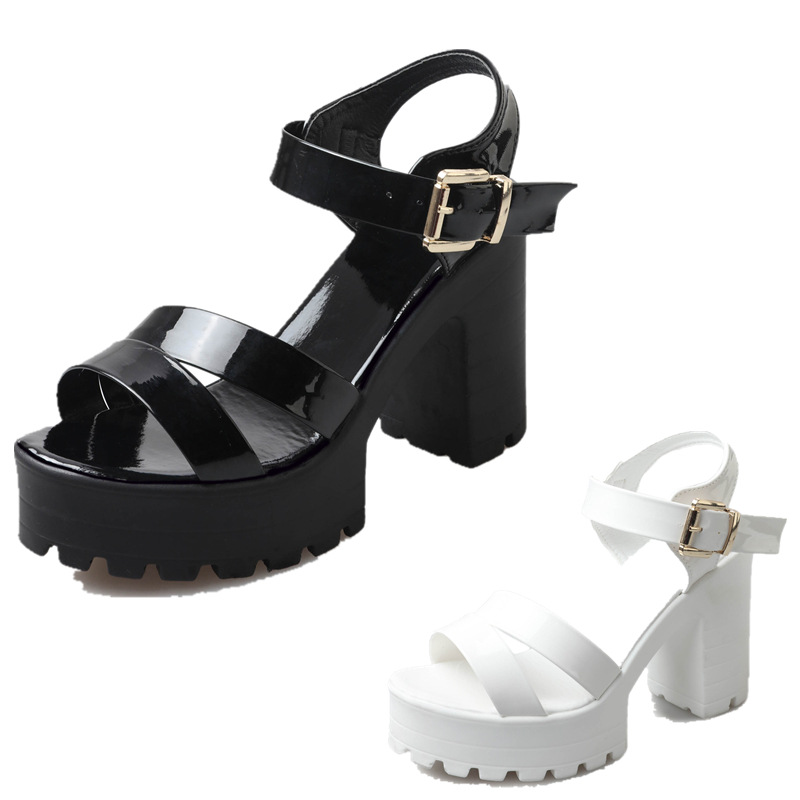 Zapatos de tacón con cuña para mujer, sandalias de PU, color blanco y negro, talla 35, 36, 37, 38, 39,