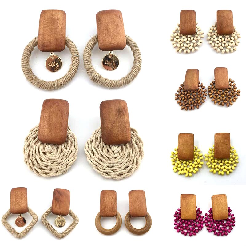 Boucles d&#39;oreilles pendantes en bois, bambou et rotin, faites à la main, bijoux tendance pour la plage, de Boutique