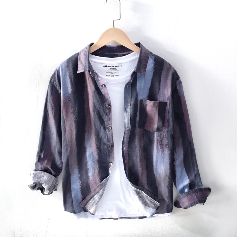 Print herre skjorte tøj hør bomuld åndbar blød herre toppe langærmede lomme skjorter camisas  tb626: Brun / Xxxl  (80kg-85kg)