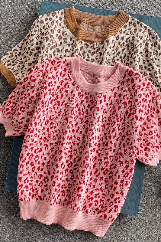 Style Hong Kong Style Retro Chic Loose Wild Leopard Print Soft Short-sleeved Sweater Short Top Women sweater women