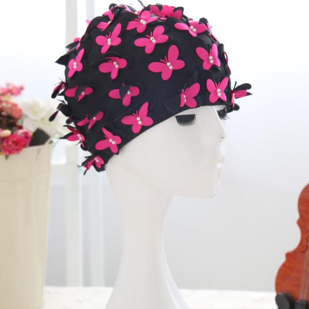 Badmuts Vrouwen Stijlvolle Retro Badmuts Met Vlinders Parels Decor Voor Lang Haar Dames Houden Haar Droog: Fushia 