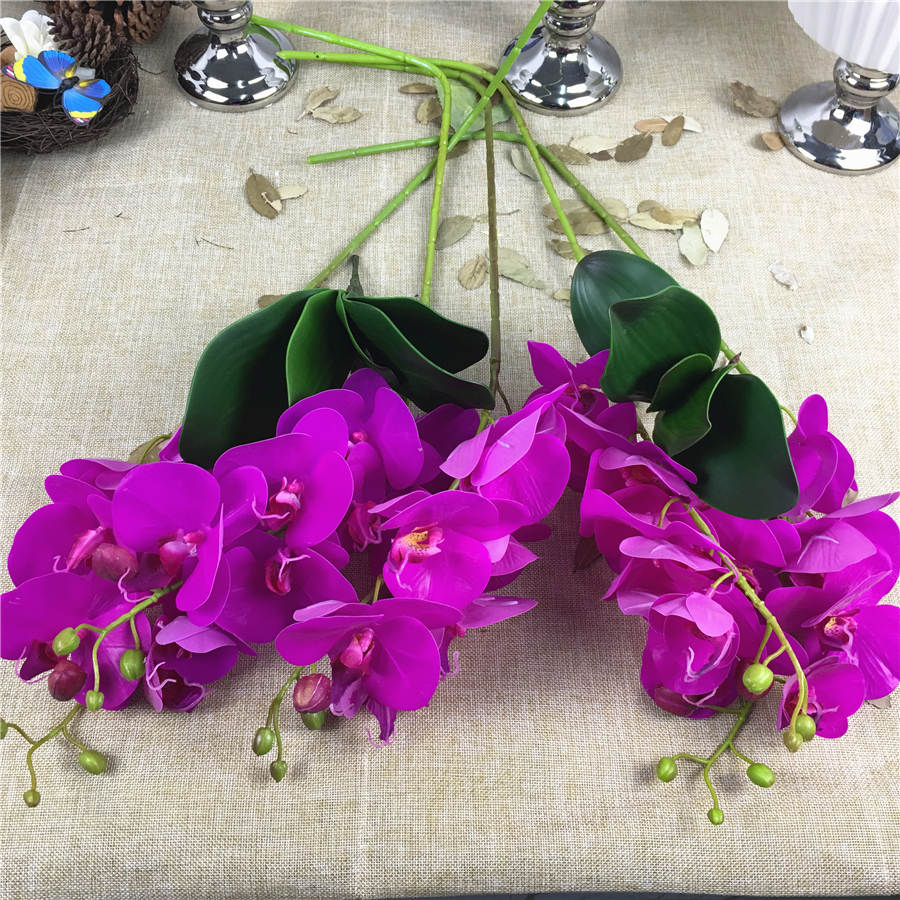 1 sæt = 5 blomstergrene  + 2 orkideestængler, ægte touch latex kunstige blomster blomster blomster sommerfugl orkidé hjem bryllup dekoration: Lilla