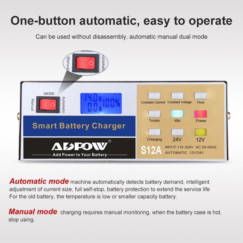 Chargeur De Batterie Voiture Intelligent 12V/24V - Automatique, Mode Réparation, Pour Batteries Plomb Et LiFePO4 - 7