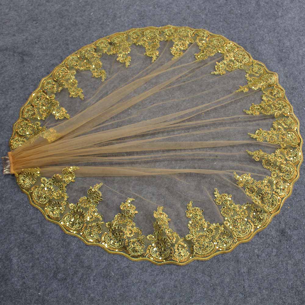Gold Lace Appliques with Sequins Wedding Veil One Meter One Layer Bridal Veil Colorful Veil for Bride Velo de Novia