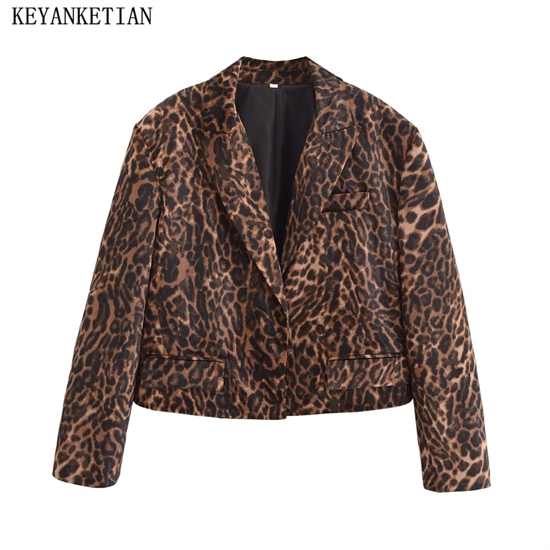 Keyanketian høst/vinter dame leopardprint fløyelsdress retrostil løs avskåret blazer med klafflommer og yttertøy