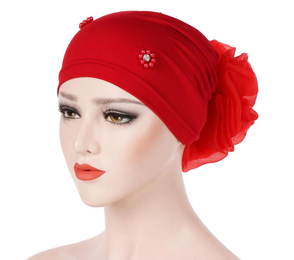Braid Faux Pearl Muslim Women Turban Hat Solid Color Cap Hijab Headwrap