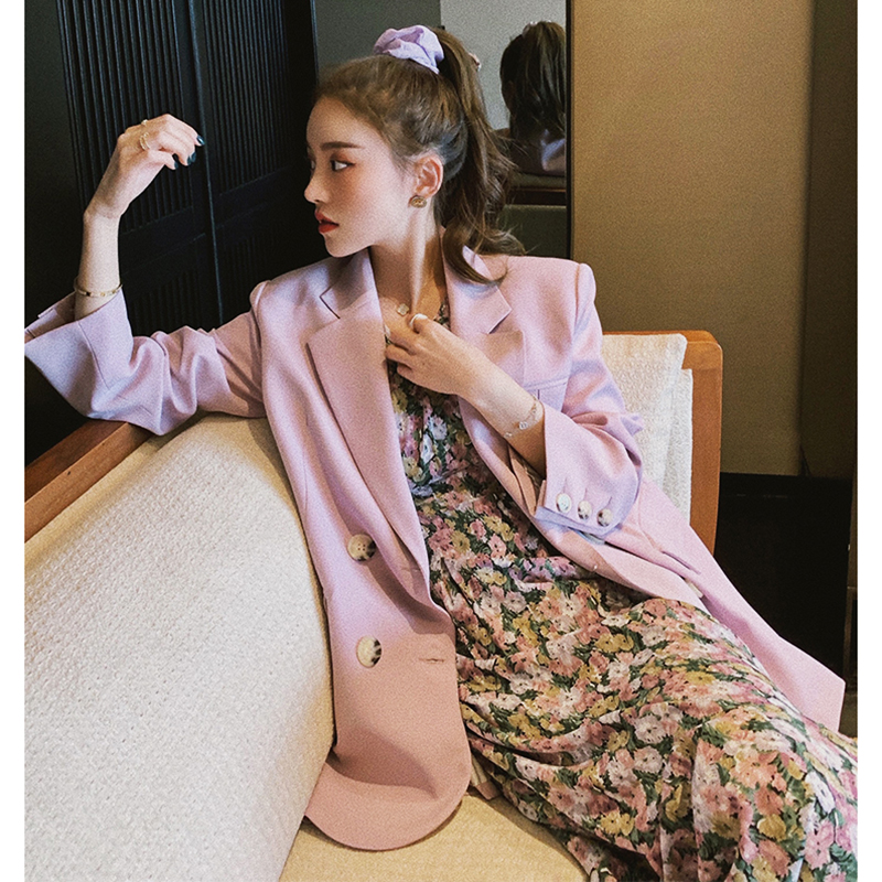 Conjunto de 2 piezas de , Blazer de mujer, abrigo cruzado y cuello de pico, manga corta, vestido con estampado Floral, ropa Vintage SL521