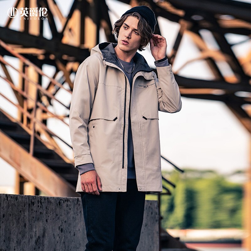 Enjeolon Men Parka Hoodies Jacket Coat Autumn Casual South Korean style Zipper Windbreaker Coat Long Trendy Men's Jackets JK