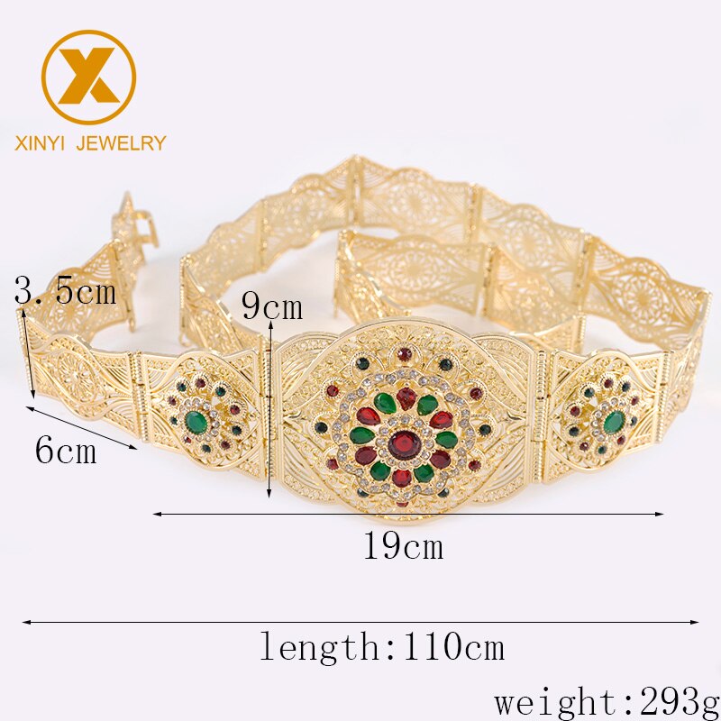 Marokkaanse gouden ronde metalen riem met lange tailleketting, bruiloftsharssieraden voor vrouwen, holle bloemen metalen riem