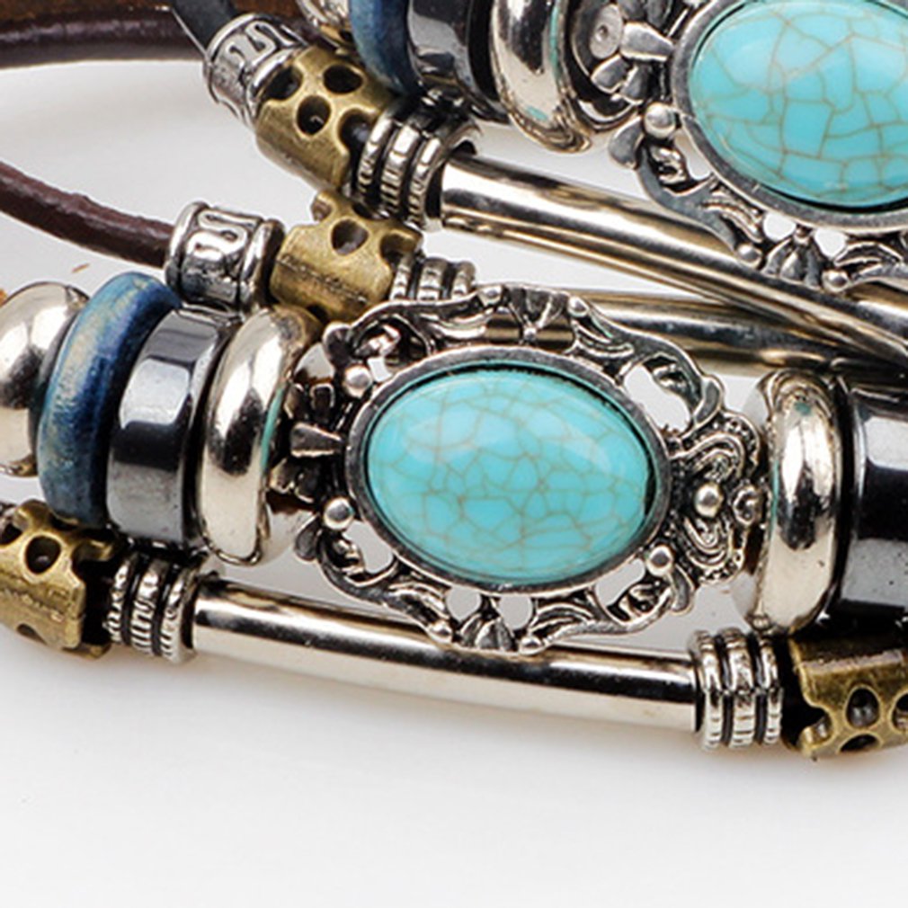 Vintage Flower Bracelets & Bangle Boho Multiple Layers Leather Bracelet For Women Man Wrap Female Charm Punk Jewelry