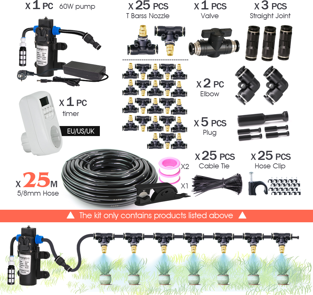 Garden DIY 8mm PE Hose Brass Nozzle Sprayer System Mist Sprinkler 45/60/80/100W Self-Priming Pump Automatic Atomized Irrigation