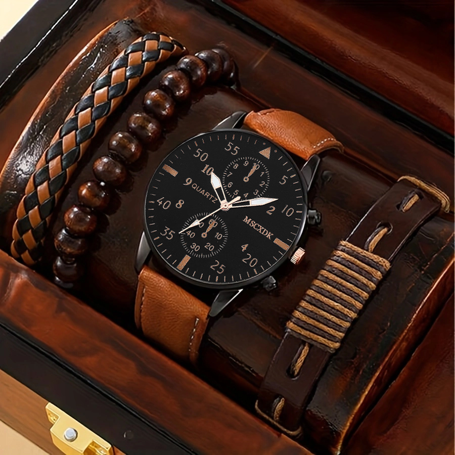 4 stuks quartz horloges armband horloge set voor heren zakelijk mode casual ronde pointer kalender horloge accessoires: Bruin
