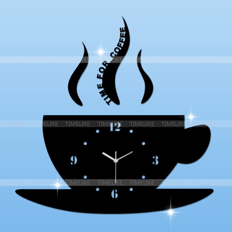 DIY Home Decor Wall Sticker Clock Mirror Effect Coffee Cup Shape Large Decorative Wall Clocks for Living Room: Black