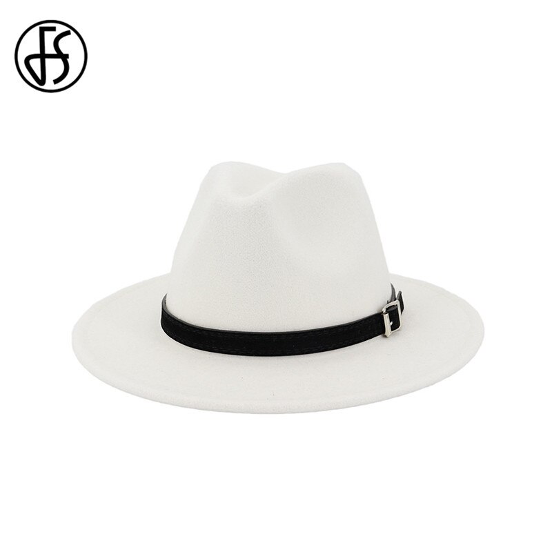 FS White Fedora Hat For Women Felt Hat With Belt Buckle Vintage Wool Wide Brim Jazz Cap Men Panama Hat 17 Colors