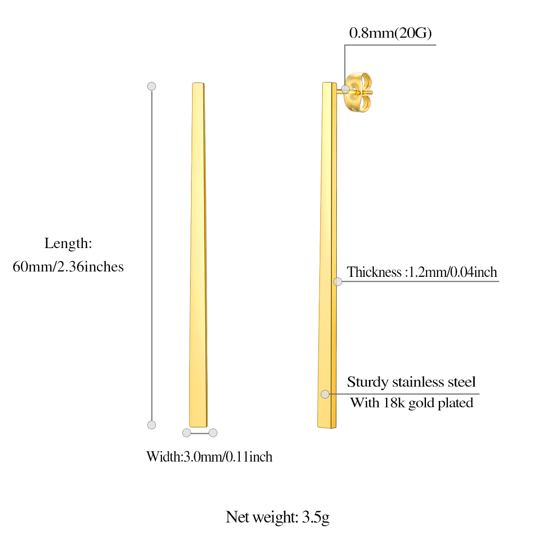 U7 Vertical Bar Earrings for Man Women Hypoallergenic Piercing Hook Hoop Bar Stripe Dangle Earring Daily Stylish Jewelry: Light Yellow Gold Color