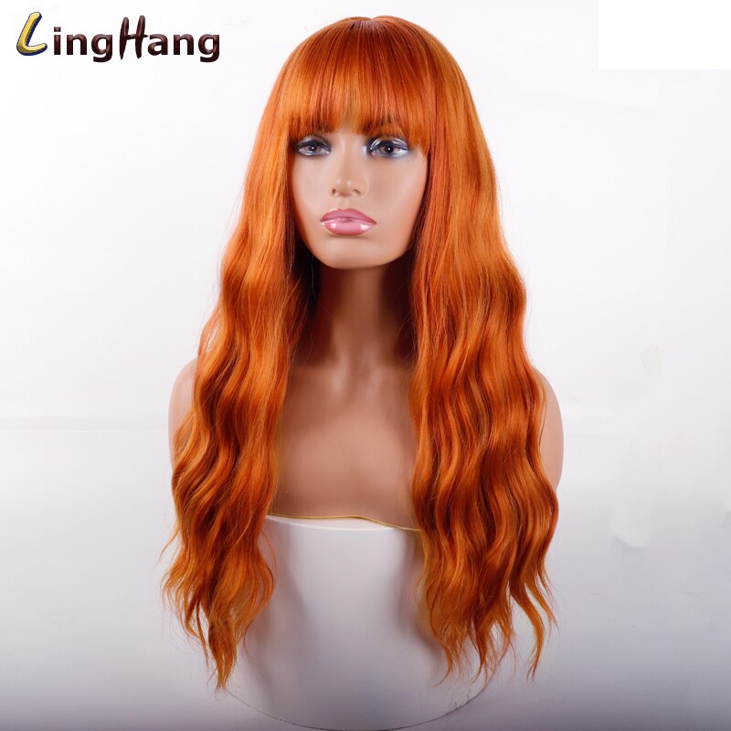 LING HÄNGEN Lange Wellig frauen Perücke 24-Zoll Synthetische Braun Haar Mit Pony Natürliche Wellenförmige Hohe Temperatur Faser perücke: 17C-350