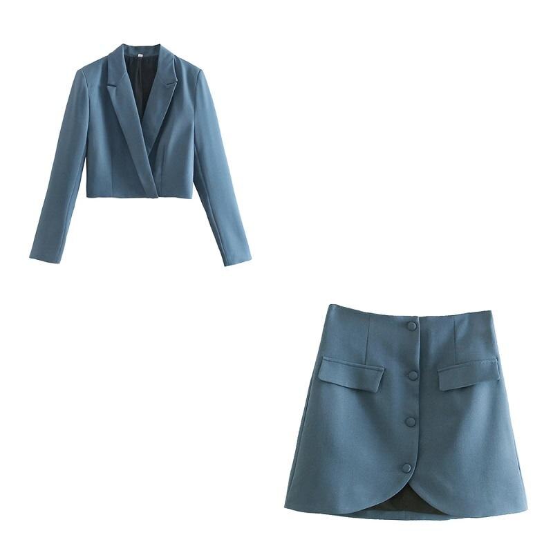 Falda azul para mujer, trajes a la de 2 botones, Chaqueta corta con bolsillos de imitación, minifaldas, conjuntos elegantes para mujer