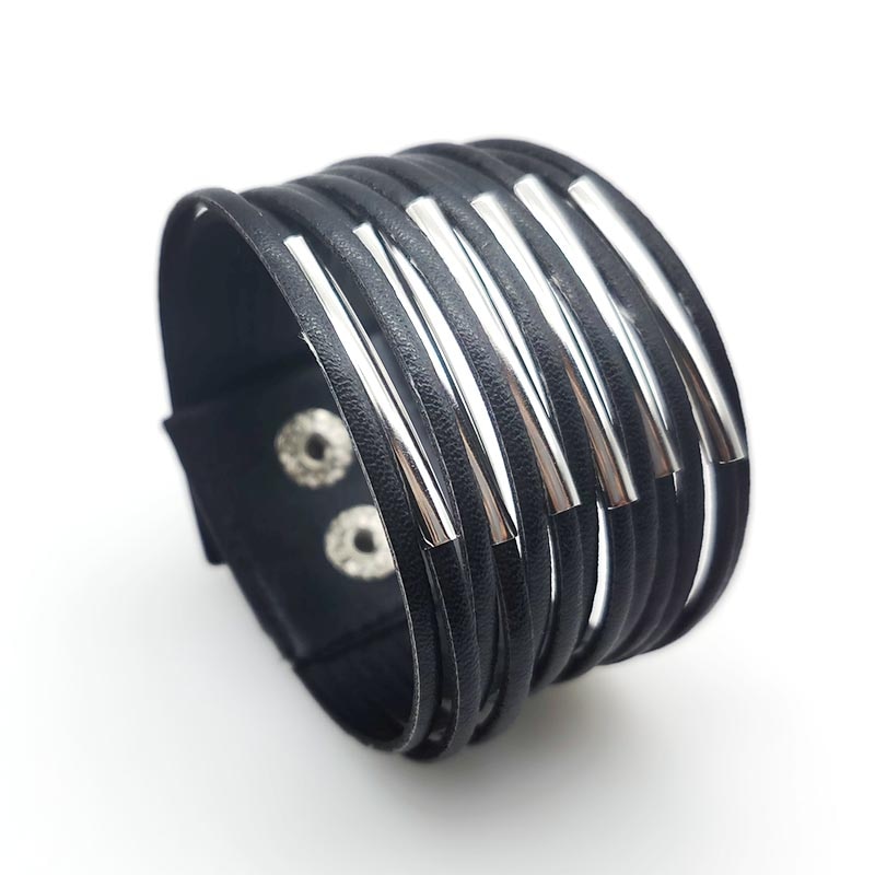 Eenvoudig Zwart Lederen Armbanden Voor Vrouwen Mode Armbanden En Armbanden Elegante Multilayer Wrap Brede Armband Sieraden