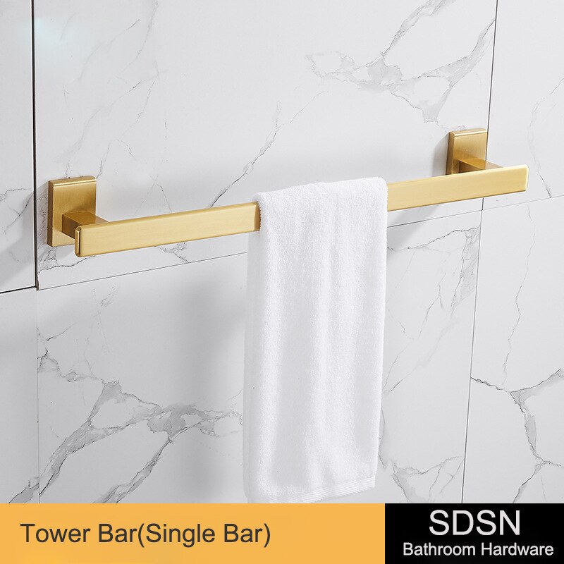 Barhroom Hardware Sets SDSN Brushed Gold Bathroom Hardware Set Space Aluminum Toilet Brusher Holder Bathroom Towel Rack Hook: towel-bars