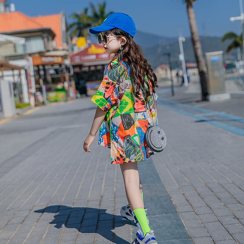 Summer Girls Print Short Sleeve Cotton Shirts Baby 2022 summer 8 10 years Teen Girls Tops Outfit