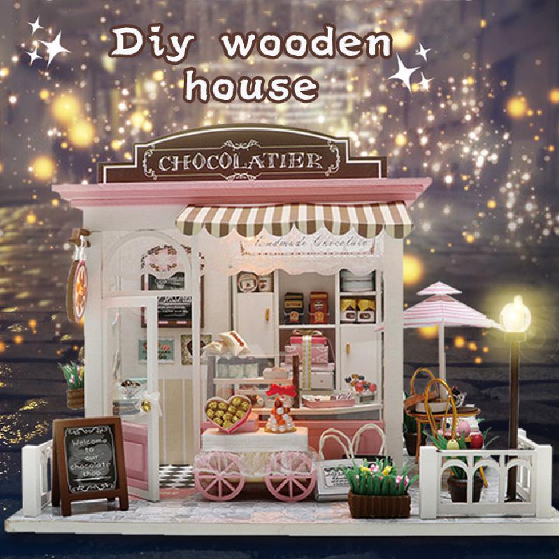 DIY domek dla lalek ręczna zabawka robić montażu Model fantastyczny pomysł kakao sklep kreatywny drewniany budynek świetlny drewniany domek dla lalek zabawki