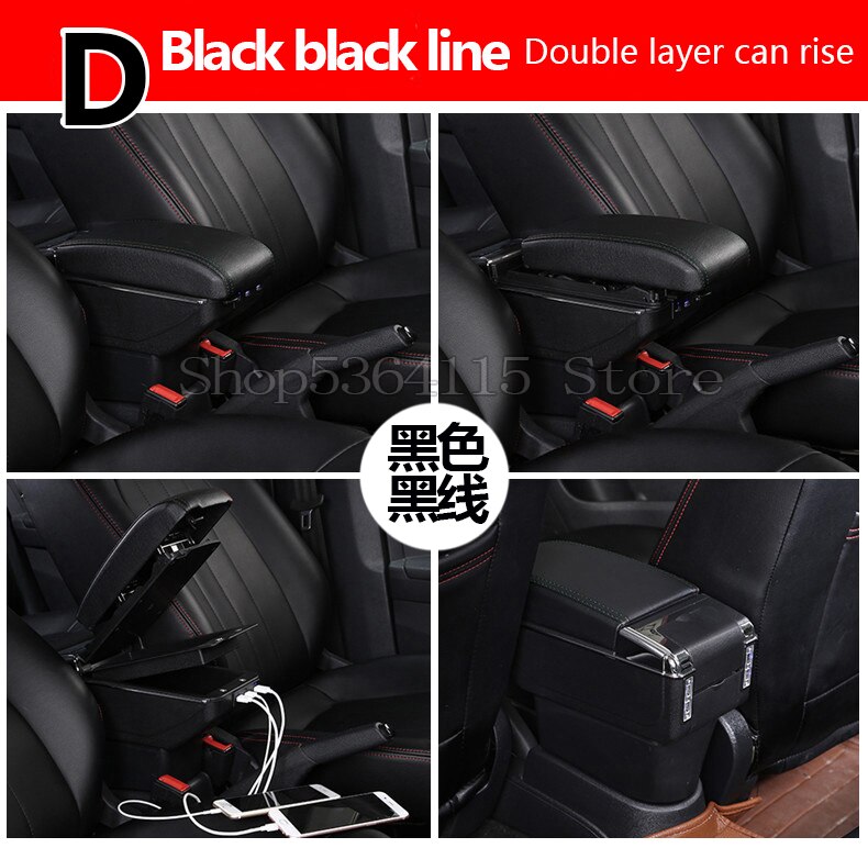 Para peugeot 207 caja de apoyabrazos carga USB aumentar doble capa almacenamiento central contenido taza soporte Cenicero Accesorios: D  Black black line