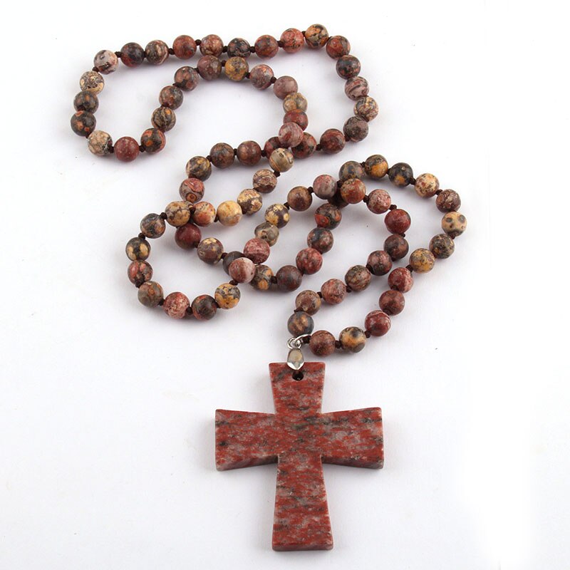 Semi Precious Stones Beads Statement Necklaces long Knotted Beads Cross Necklace