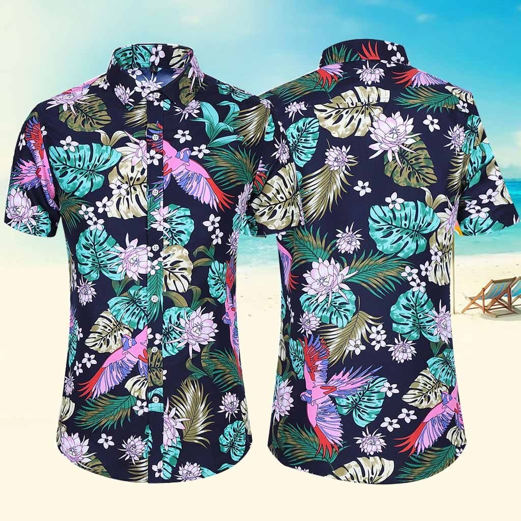 Camiseta informal de para hombre, de manga corta Camiseta holgada hawaiana con cuello vuelto estampada, camisa masculina