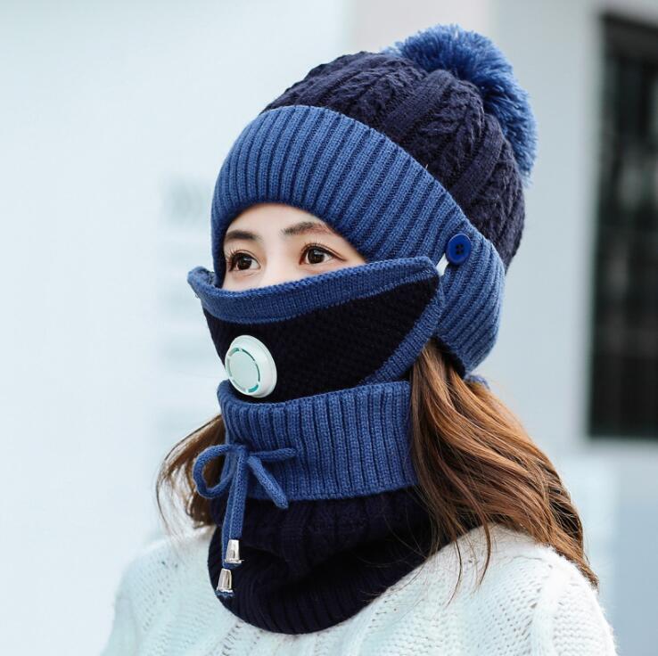 Winter Hoed & Sjaal & Masker Voor Vrouwen Warm Mutsen Ademen Sjaal Pompoms Gebreide Caps En Sjaal Masker 3 stuks/set: Blauw