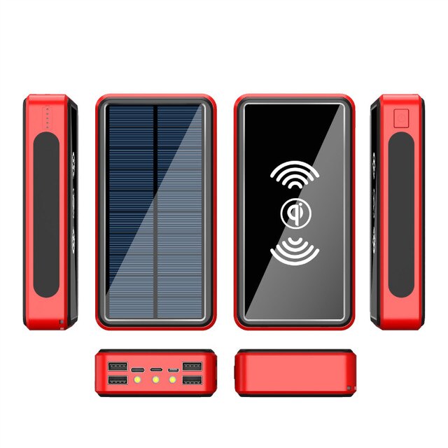 50000 mah solar-powerbank mit kabelloser stromversorgung, tragbar, schnellladefunktion für smartphones, externes ladegerät mit 4 usb-anschlüssen und led-licht für iphone, xiaomi mi: Kabellos rot