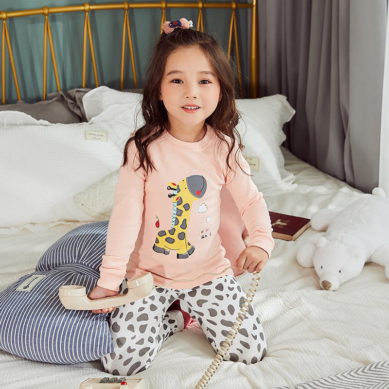 Girls' Printing Cartoon Giraffe Spot Round Neck Long Sleeve Pajamas Children Set Kids Sleepwear Trousers Nightwear Outfit