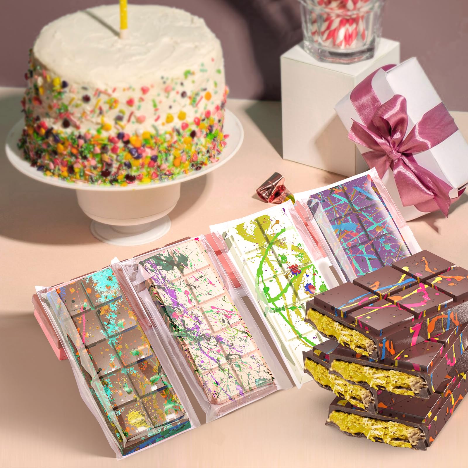 Stampo per tavoletta di cioccolato a 6 fori, stampo per tavoletta di cioccolato spesso riempito in silicone Knafeh Barra di cioccolato al pistacchio (10 bottoni) e sacchetti da 100 pezzi)