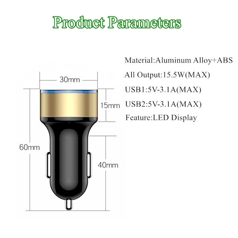 5v3. 1A Qc 3.0 Usb Autolader Dual Usb-poorten Quick Charge 3.0 Sigarettenaansteker Adapter Met Spanning Stroom Monitoring Display