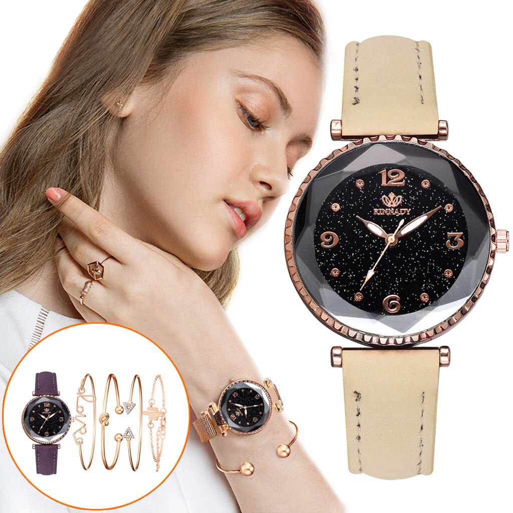 5 Pcs Sterrenhemel Vrouwen Horloges Luxe Horloge Lederen Band Dames Armband Horloges Vrouwelijke Klok Kristal Horloge