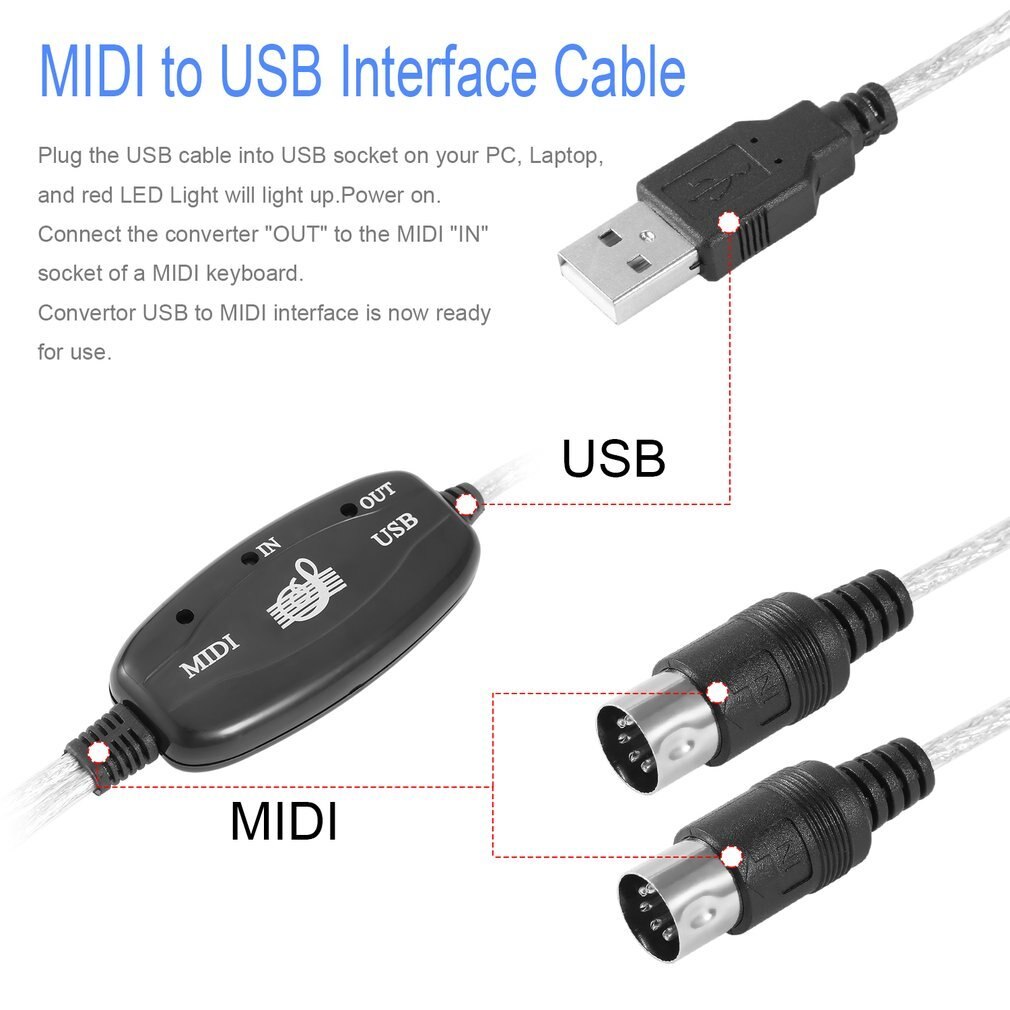 MIDI to USB IN-OUT Interface Cable Adapter for Keyboard Electronic Drum Music Create Converter PC to Music Keyboard Cord