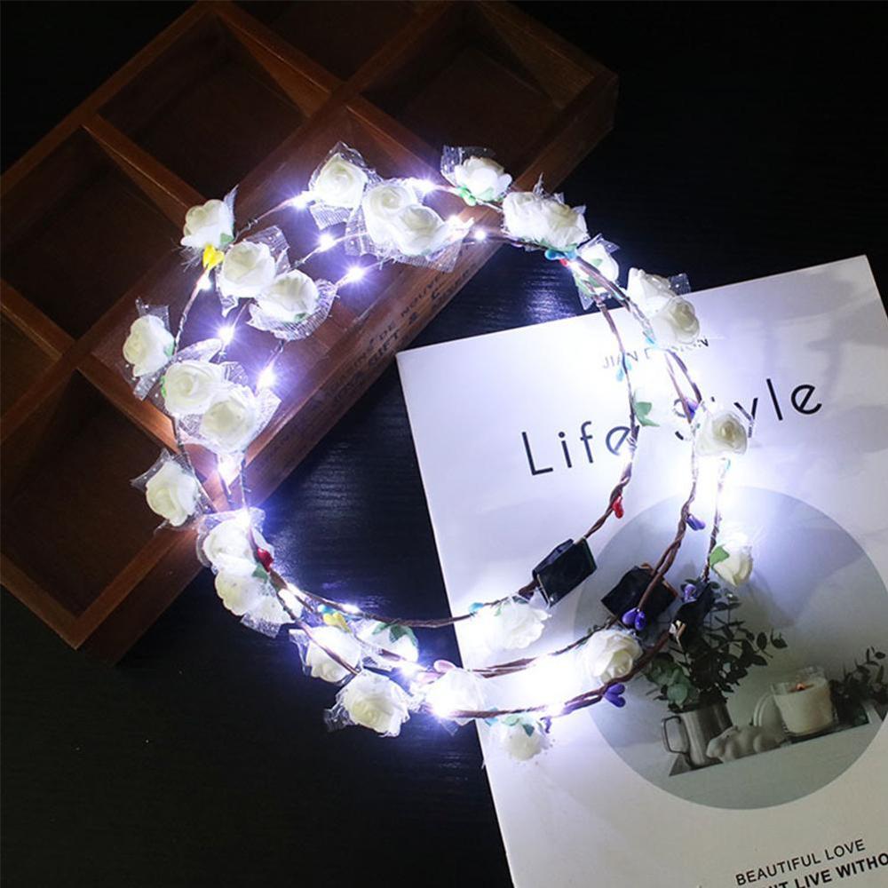 Women Girls LED Light Up Flower Headband Flashing Glowing Crown Masquerade Party Hair Wreath Hair Band Luminous Garlands: white