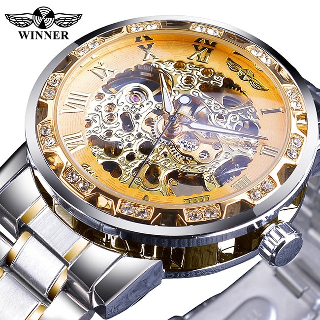 Winnaar Classic Blue Mens Mechanische Horloges Romeinse Zwart Roestvrij Stalen Band Rhinestone Skeleton Hand Wind Bedrijvengids Horloge Klok: S1089-5