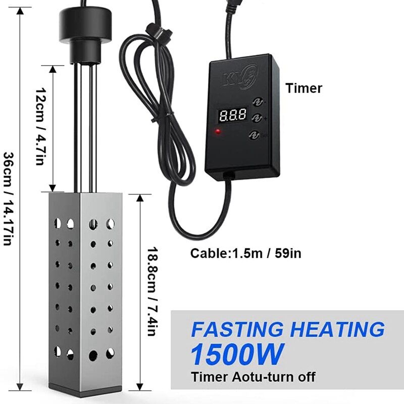 Immersion Water Heater 2500W Electric Bucket Heater with Timer Auto Shut Off Tub Heater for Home Winter EU Plug