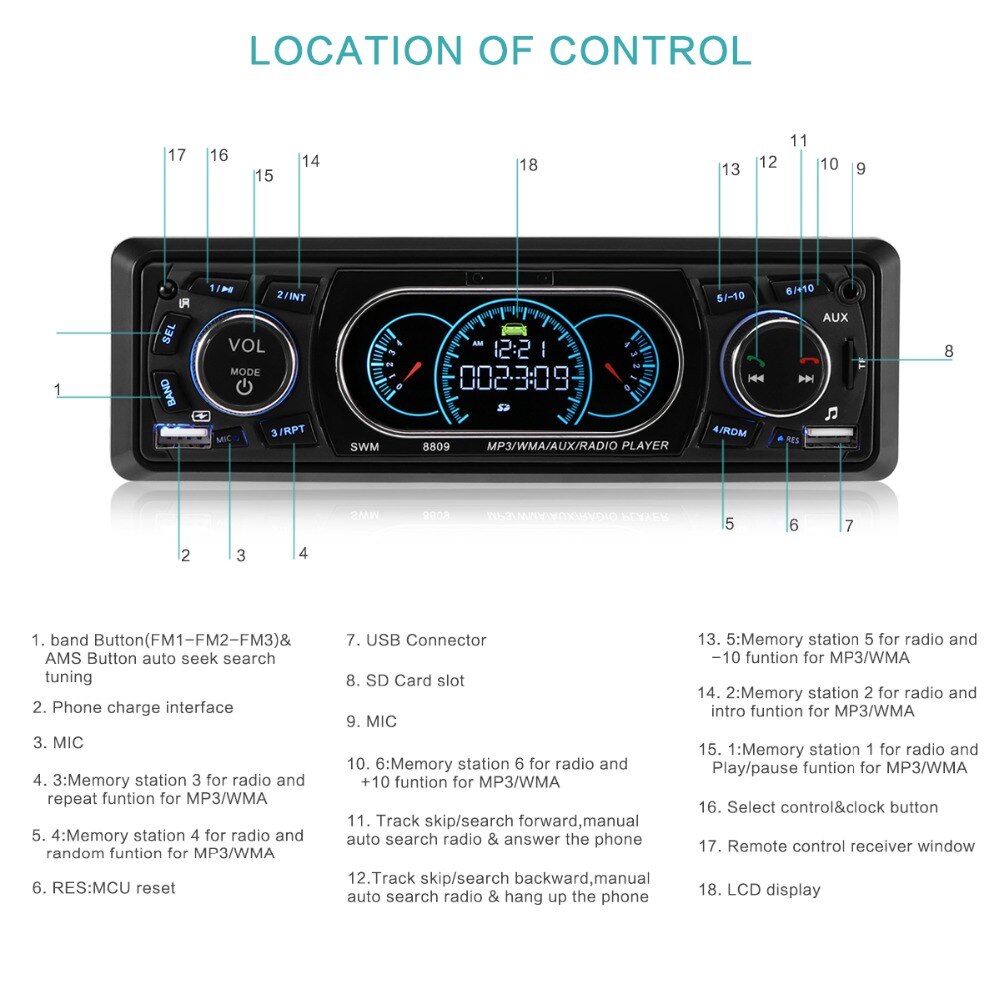 Bluetooth 1-Din Auto Stereo Audio In-Dash MP3 Radio Speler Ondersteuning USB/TF/AUX/ FM Ontvanger met Draadloze Afstandsbediening 8809