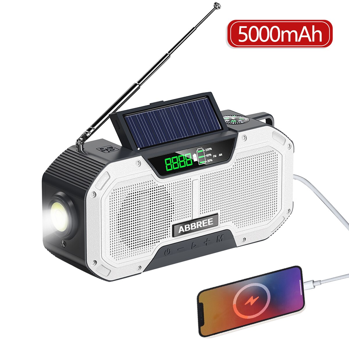 Emergency Radio 5000mAh Solar Hand Crank Portable AM/FM/NOAA SOS Radio with Flashlight&amp;Reading Lamp Cell Phone Charger: White(5000mAh)