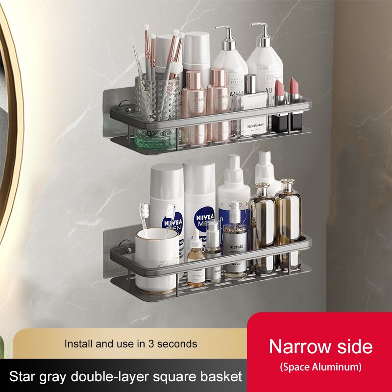 Gray Stainless steel Bathroom Shelves No-Drill Corner Cabinet Shower Storage Toilet Organizer Bathroom Holder Полка Для Ванной: Standard Rectangle-B