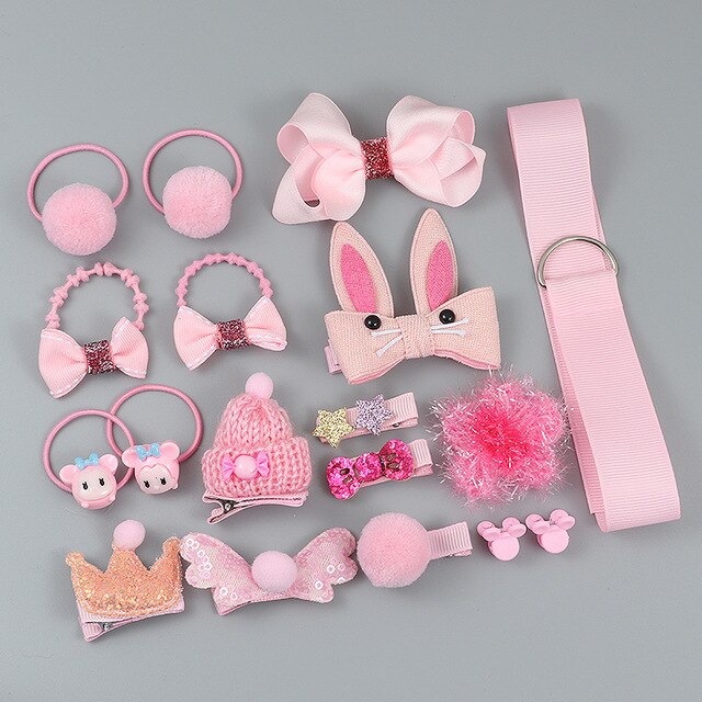 Conjunto con rizador de pelo para niña, accesorios bonitos para el pelo sombreros de niña, lazo de flores, horquillas animales, banda para el pelo, tocado elástico de dibujos animados, , 18 piezas: 18pcs-2 Pink