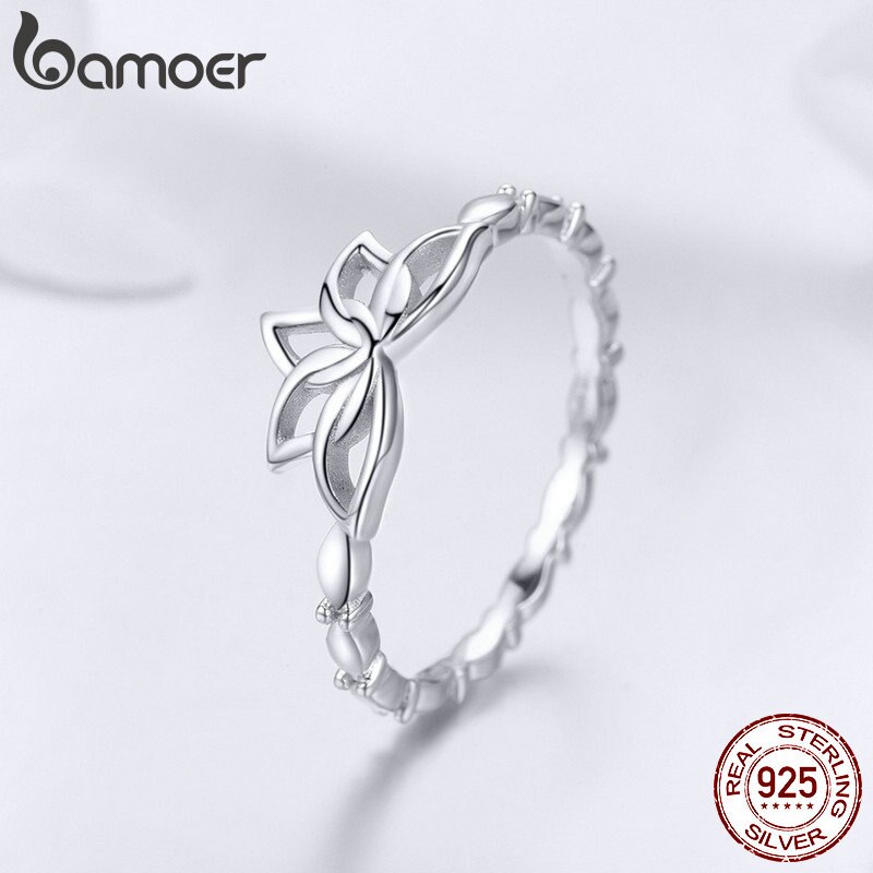 BAMOER Elegante Authentische 925 Sterling Silber Lotus Blume Finger Ringe Blume Ringe für Frauen Sterling Silber Schmuck BSR018