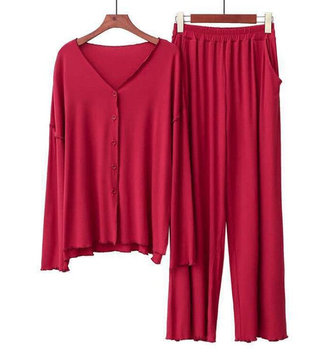 Efterår dame pyjamas sæt komfort ensfarvet kvinder sexet v-hals hjemmetøj 2 stk langærmet+bukser fritidstøj