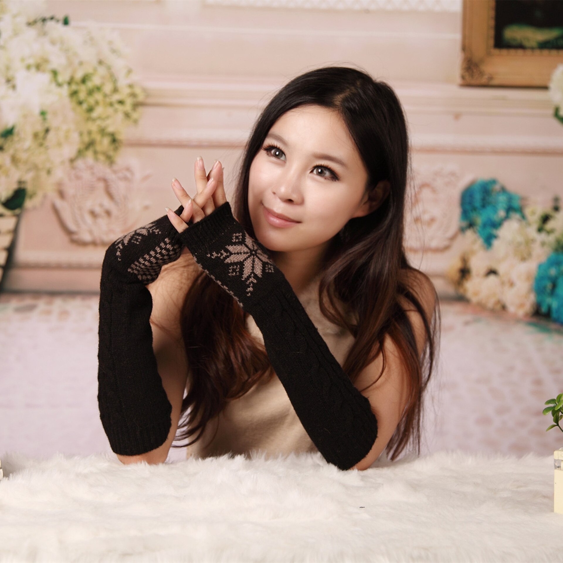 Gloves women knit woolen half-finger gloves autumn and winter women's snowflake warmth fingerless sleeves and long arm sleeves