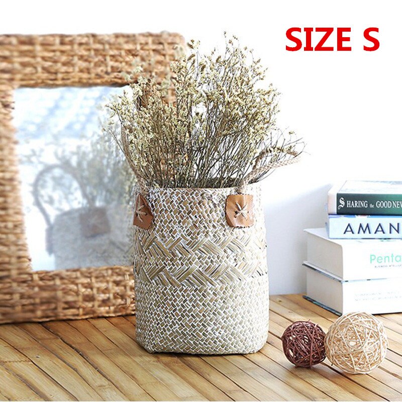 2Pcs Vintage Wipe White Straw Flower Basket Pot Natural Seagrass Woven Storage Basket Garden Flower Vase Hanging Wicker Baskets: S