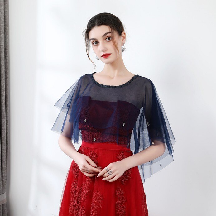 Zomer rode blauwe tule bruidsomslagdoeken sjaal dames avond cape bolero strass bruidsjurk bruiloft feest jassen omslagdoek