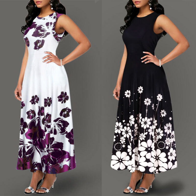 Dames boho bloemen lange vintage maxi-jurk avondfeest strand tuniek mouwloze jurk zomer