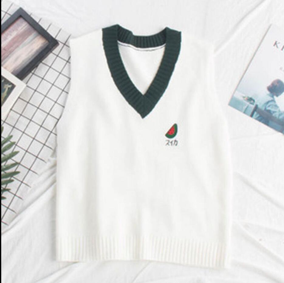 Pull gilet femmes sans manches à la col en v étudiant broderie Patchwork tout-match populaire Feminino Simple doux tricot Kawaii: green / S