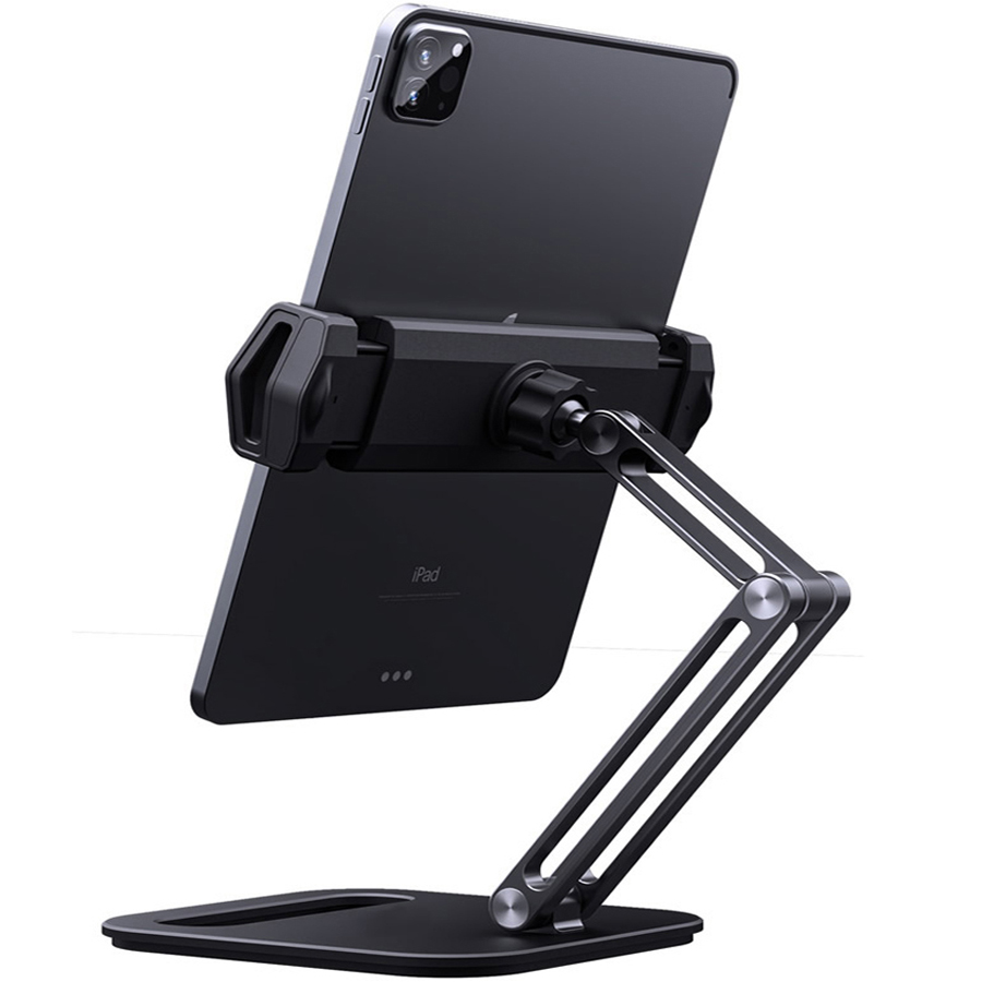 Long Arm Aluminum Alloy Tablet Stand Adjustable Folding iPad Stand Ergonomic 360°Rotatable Tablet and Phone Clamp Mount Holder: P47 Black
